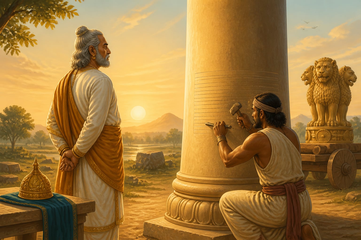 Ashoka watching a dharma edict being carved into a pillar