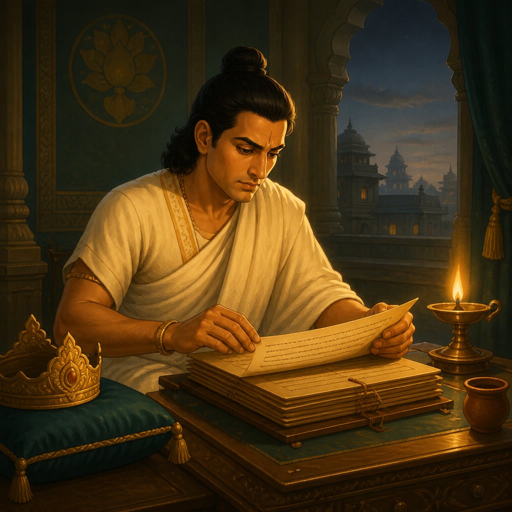 Chandragupta reviewing reports by lamp before dawn