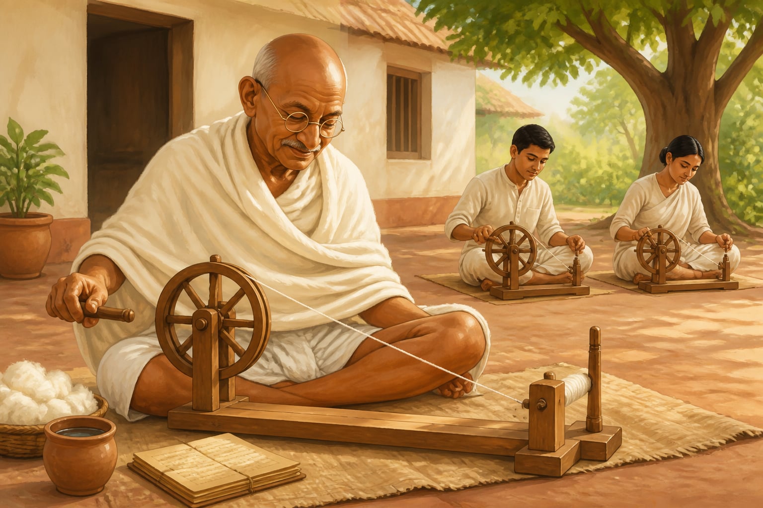 Gandhi spinning at his charkha at Sevagram ashram
