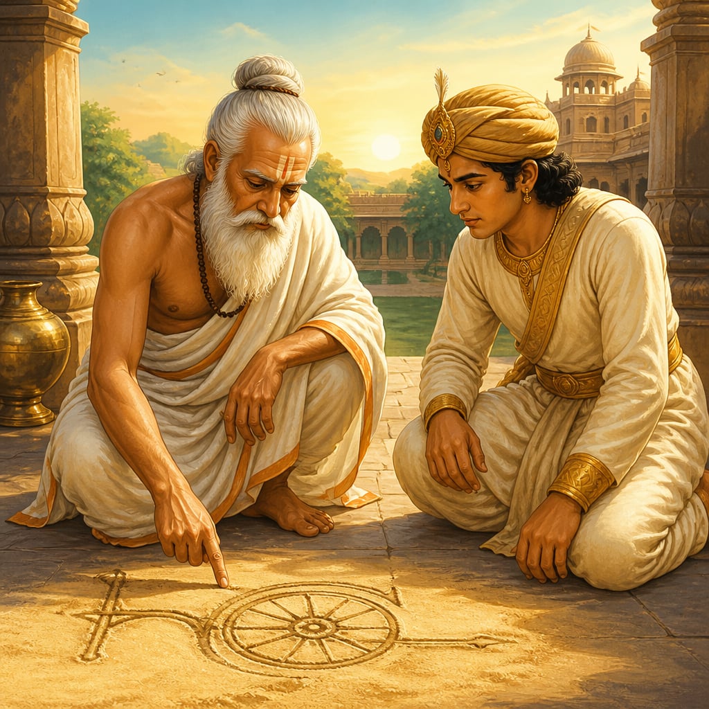 Kautilya drawing the one-wheeled chariot in the sand to teach Chandragupta
