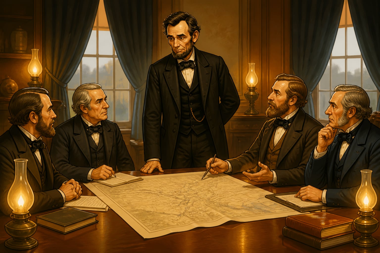 Lincoln conferring with his Team of Rivals cabinet in the 1862 War Department