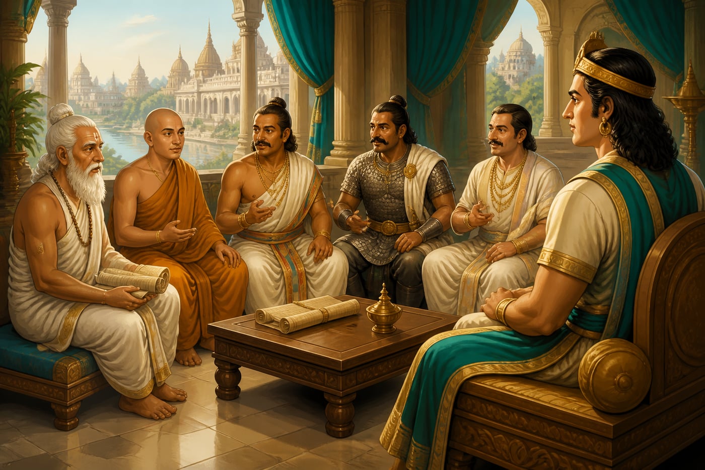 Chandragupta's diverse council of ministers deliberating in the Pataliputra hall