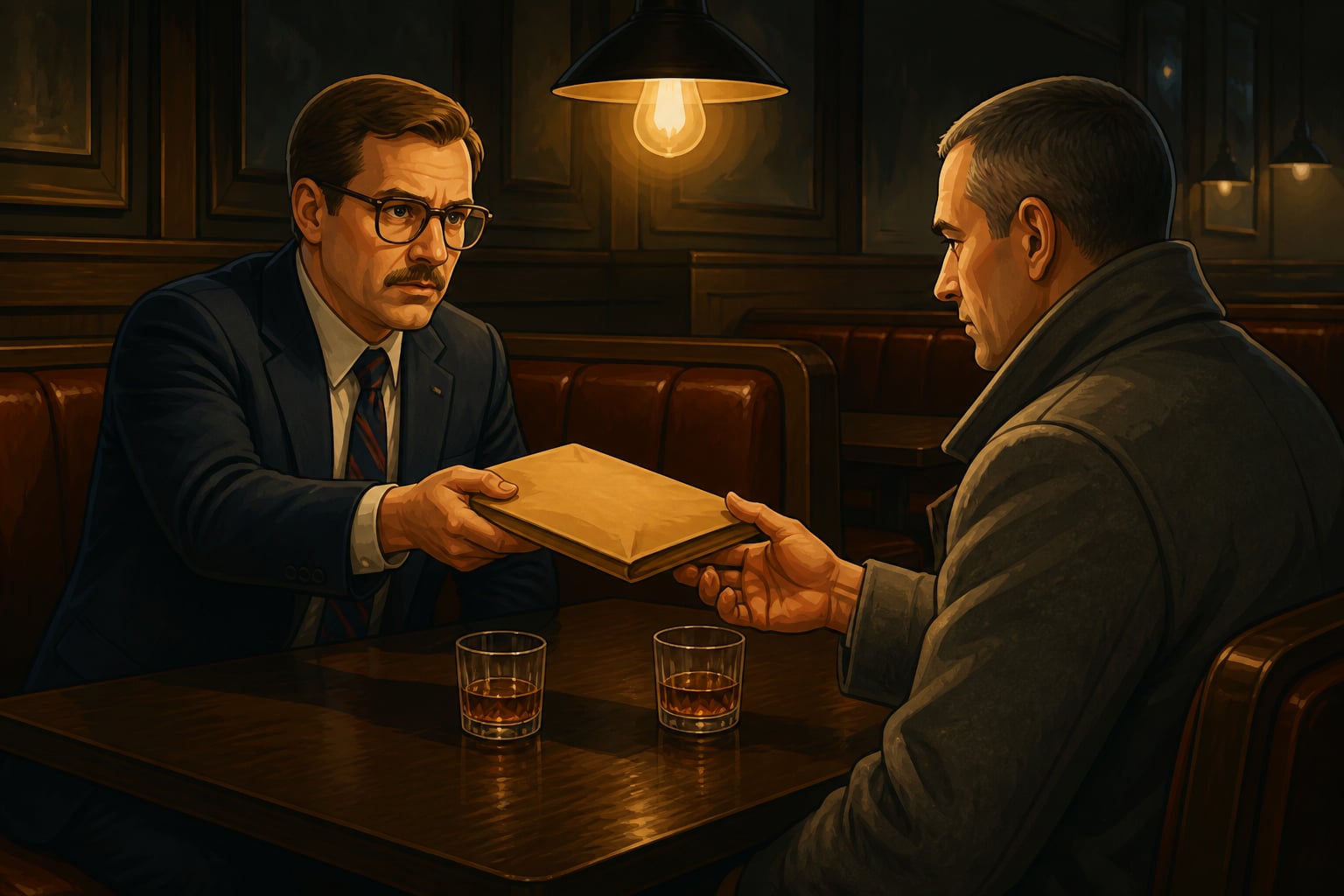 Aldrich Ames handing classified files to a Soviet handler in a 1980s Washington bar