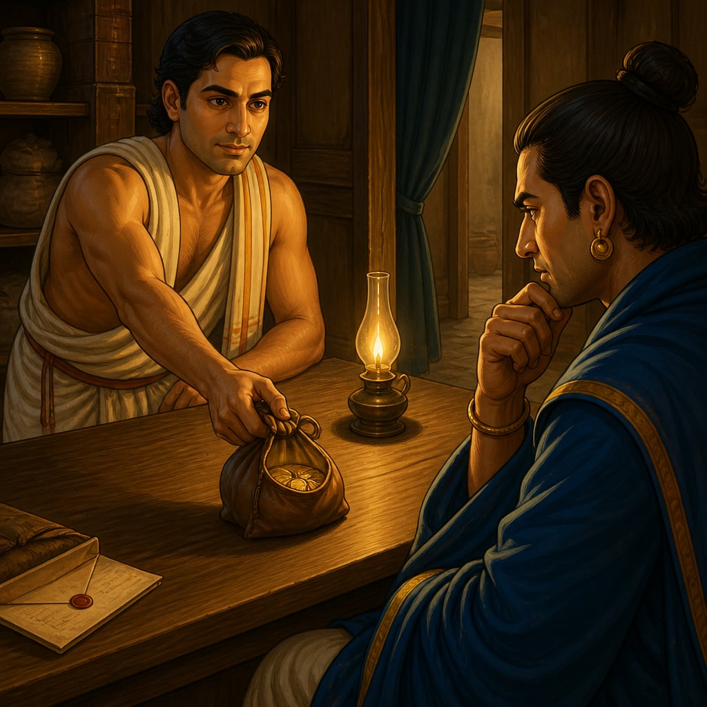 A Mauryan secret agent offering a pouch of gold to test a candidate minister