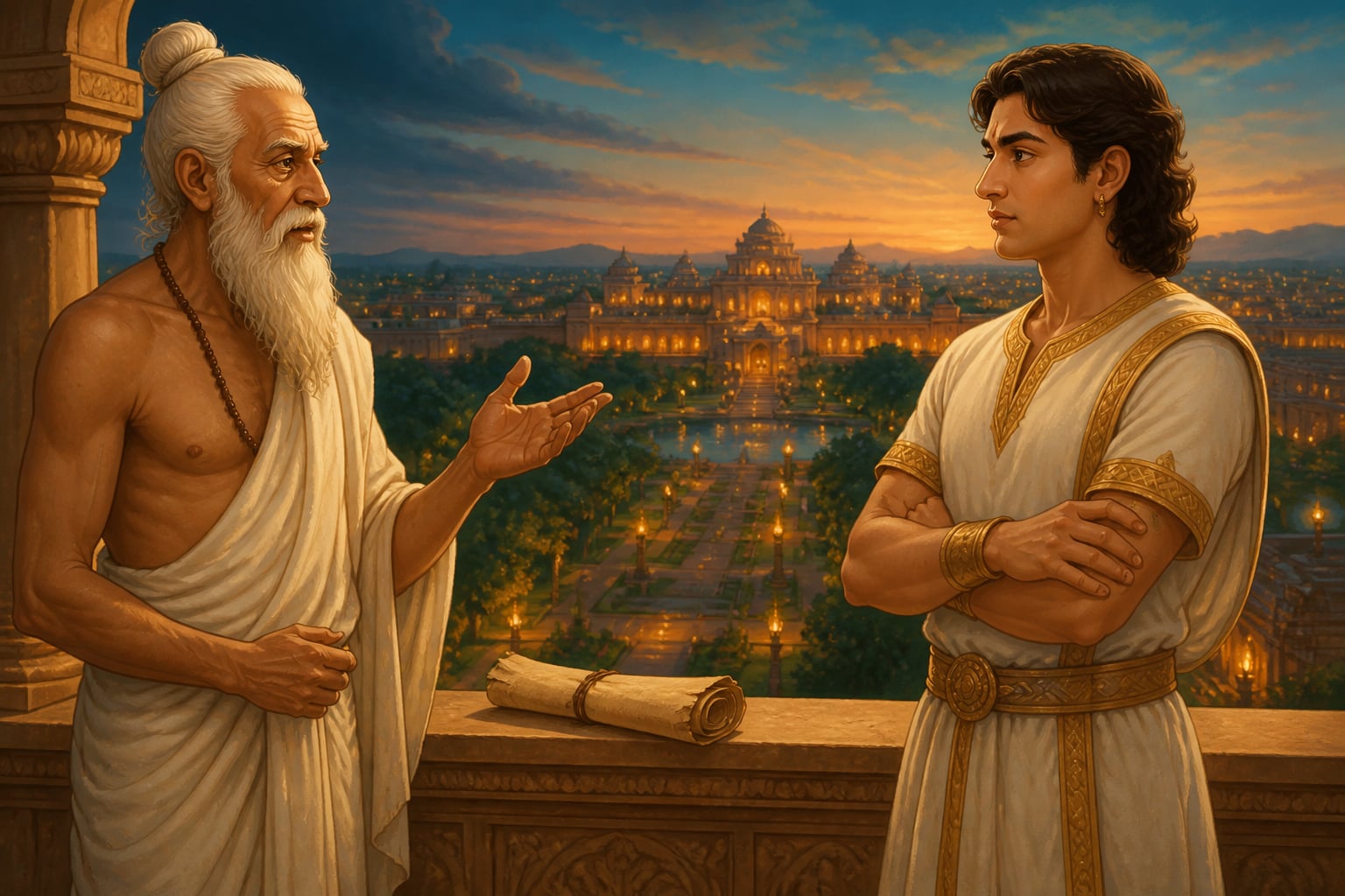 Kautilya briefing Chandragupta on the balcony after a candidate failed the upadhas