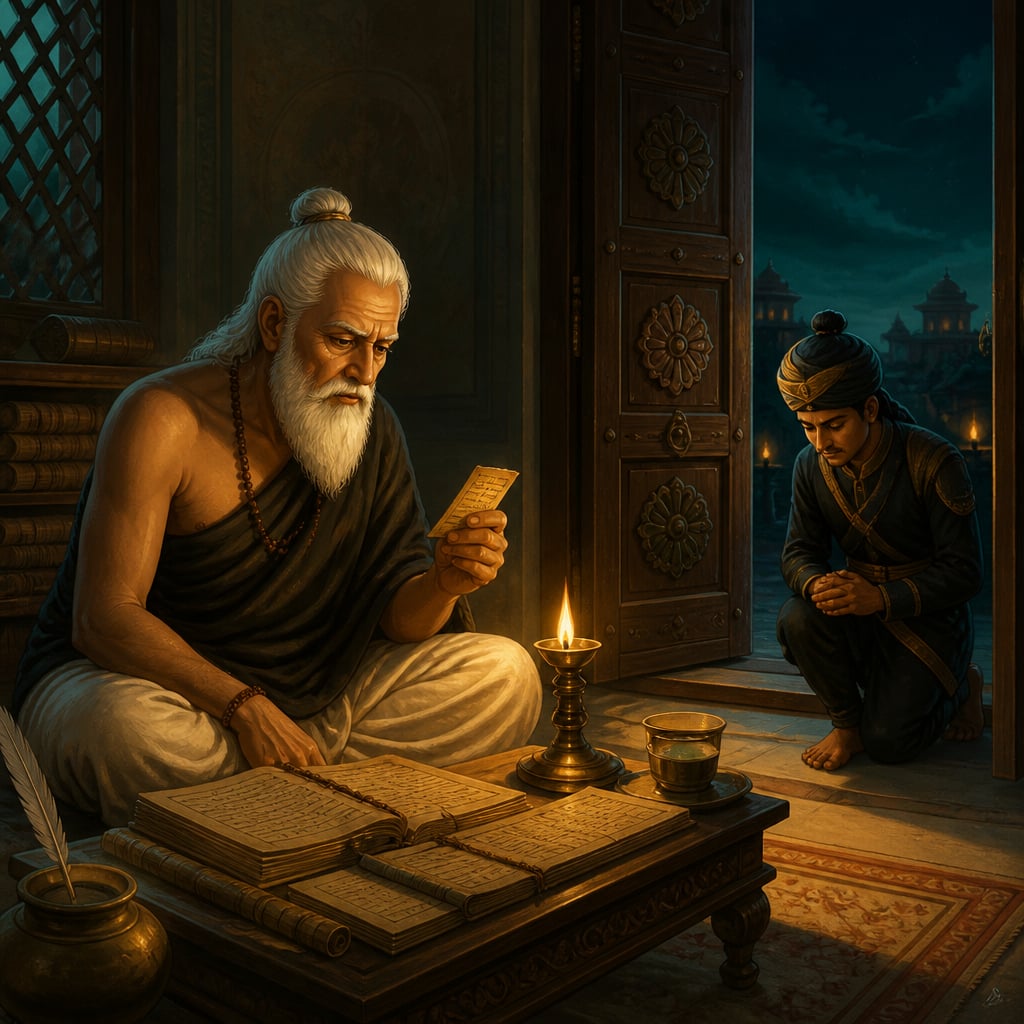 Kautilya reading an urgent midnight message about advisors plotting against the king