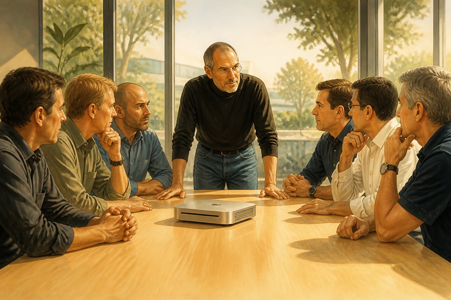 Steve Jobs leading his tested Apple executive team in a late-1990s boardroom