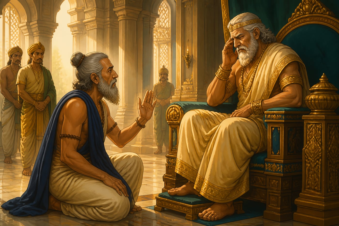 Vidura kneeling to warn the blind King Dhritarashtra in the Hastinapura court