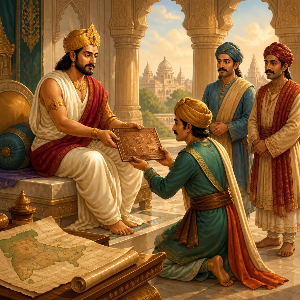 Emperor Ashoka handing a copper-plate edict to a provincial governor in his Pataliputra court