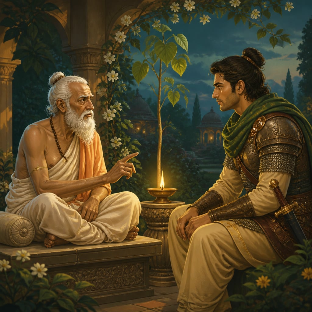 Kautilya interviewing General Bhadrabahu by lamplight in the royal garden
