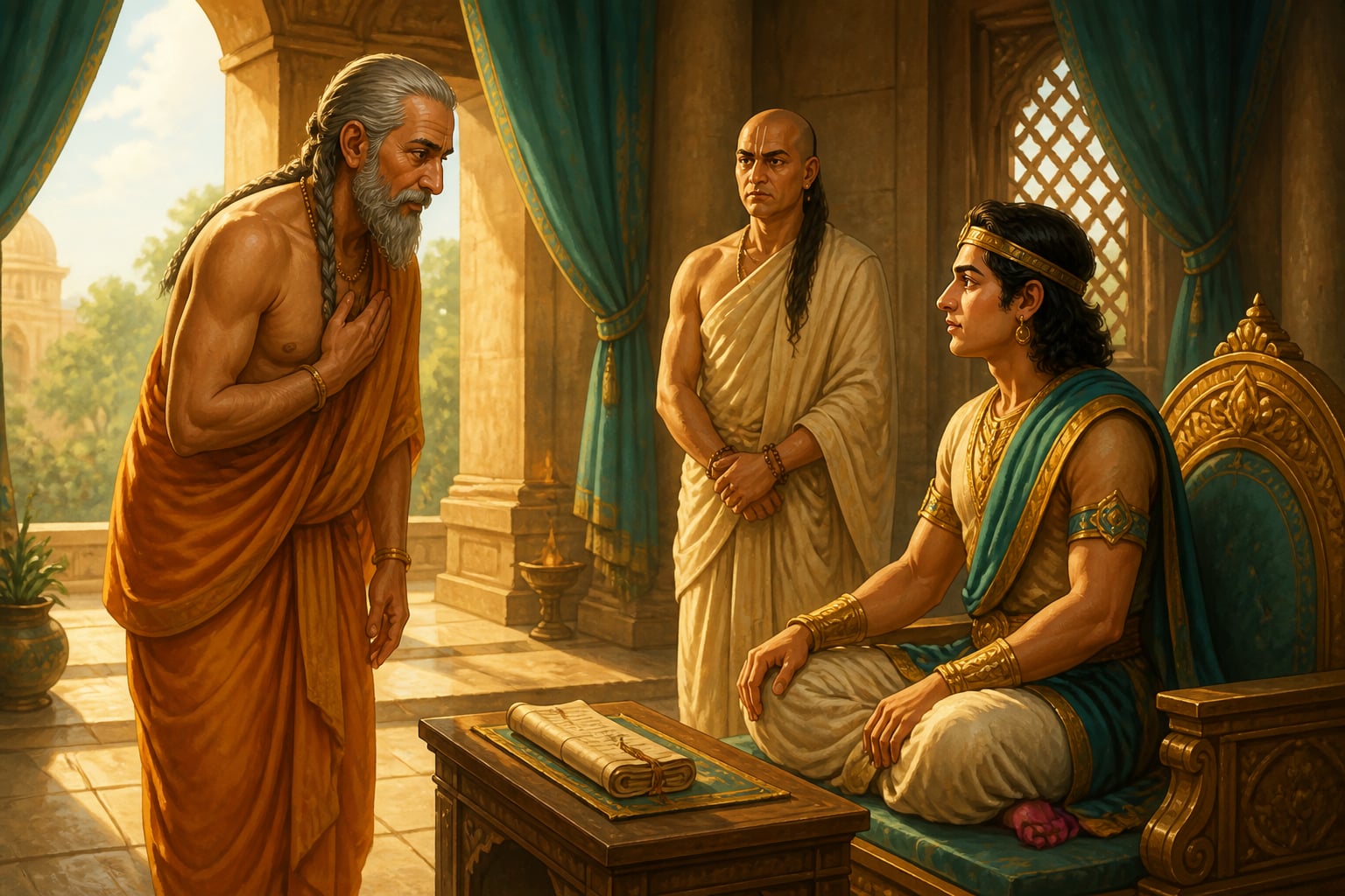 Rakshasa formally entering Chandragupta's service as Kautilya looks on