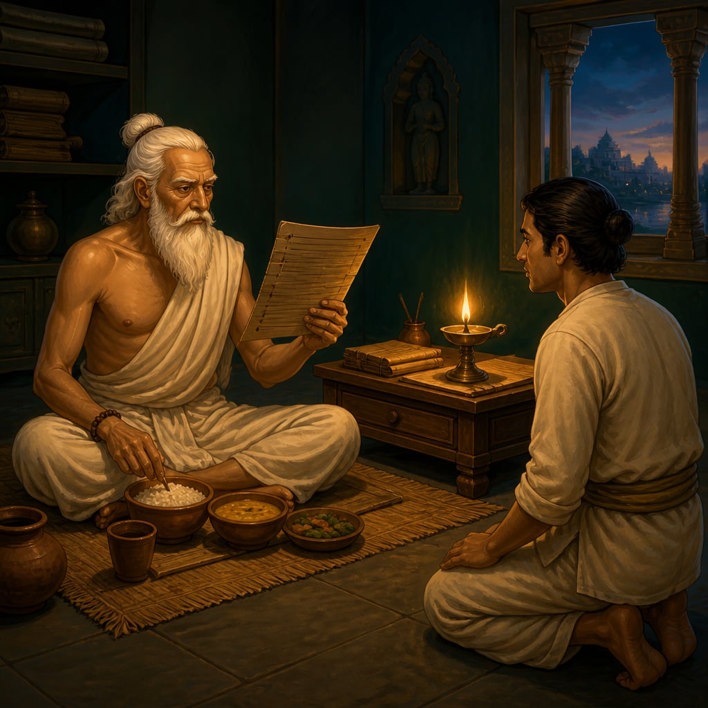 Kautilya reading the auditor Vishnu's report on Devadatta's corruption at his evening meal