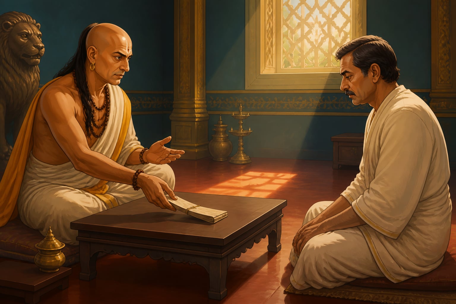 Kautilya quietly demoting Suryagupta in a private side chamber of the Mauryan court
