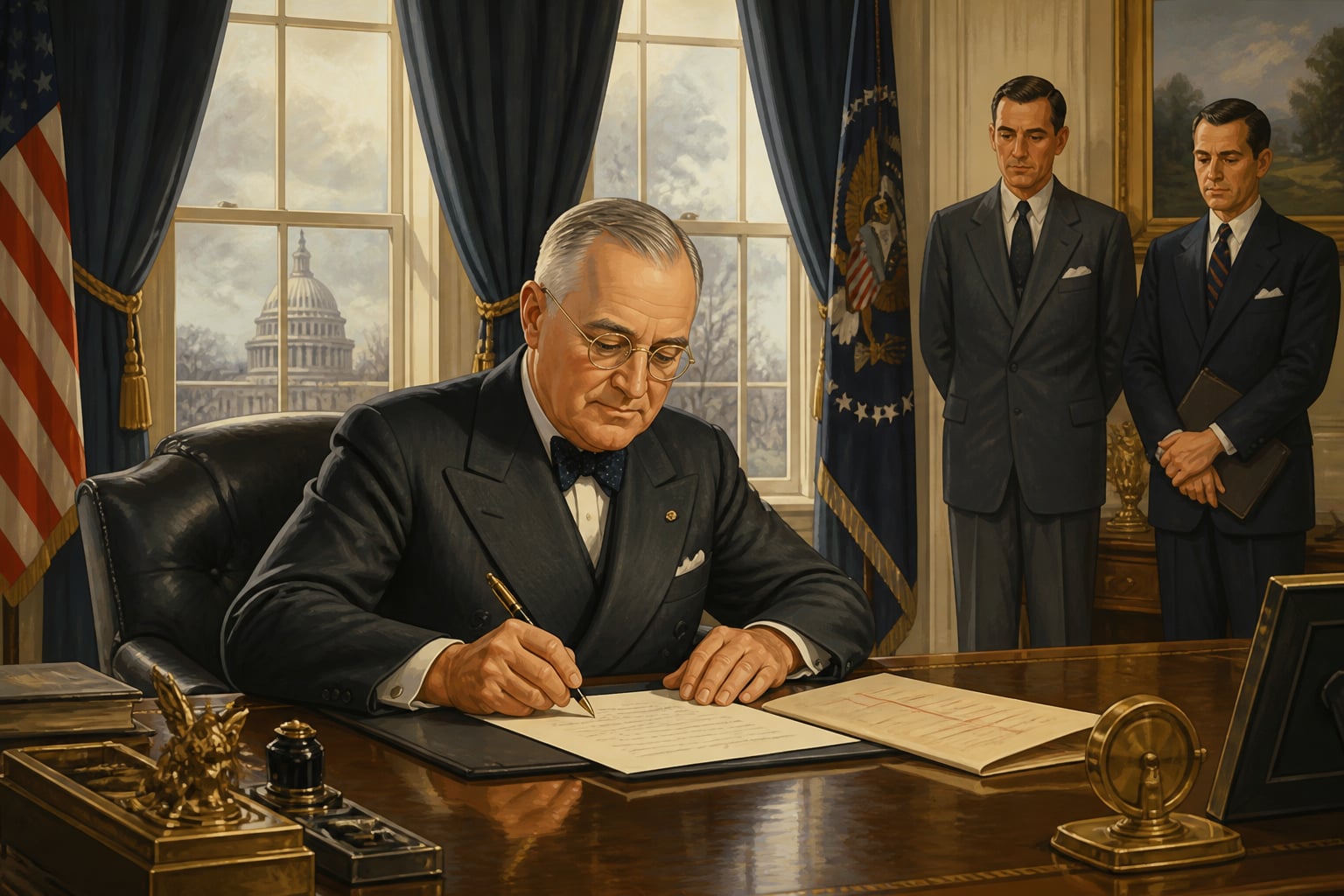 President Truman signing the order to relieve General MacArthur in the Oval Office, 1951
