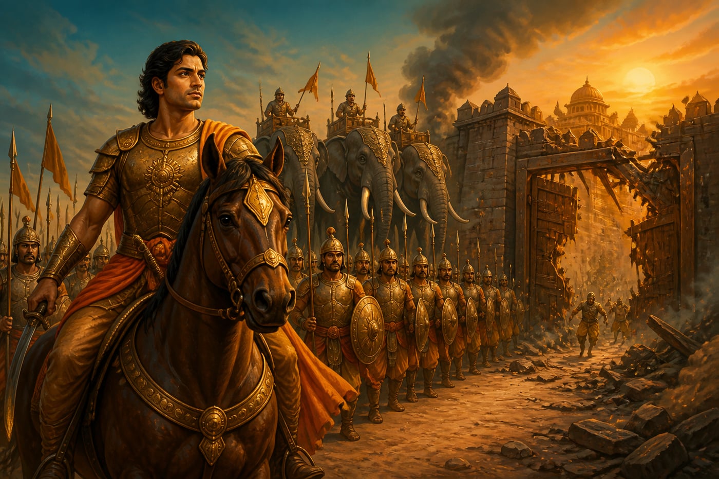 Chandragupta and his army before the fallen gates of Pataliputra