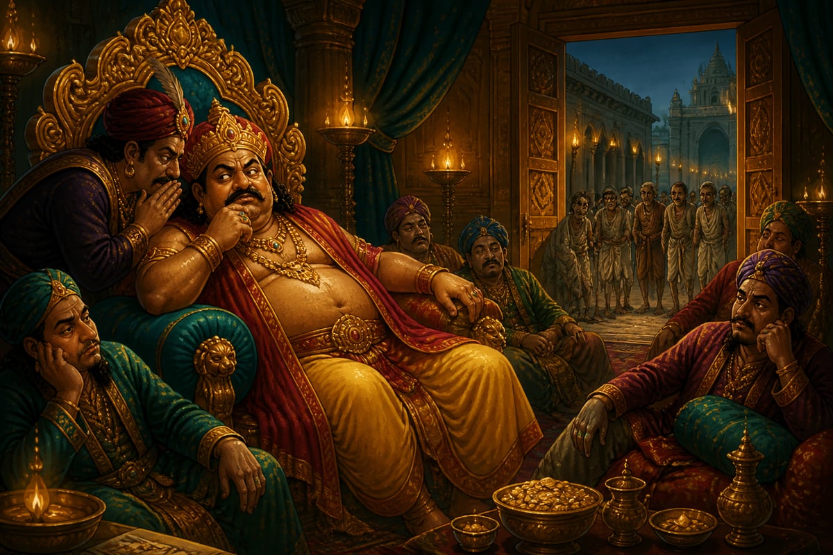 Dhana Nanda on his gilded throne with starving farmers waiting at the door