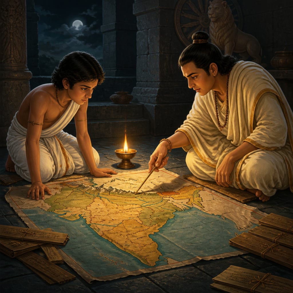 Young Chandragupta and Kautilya planning over the map of Bharat in Taxila