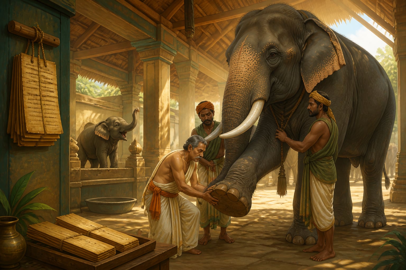 The Hastyadhyaksha attending a war elephant at the royal stables
