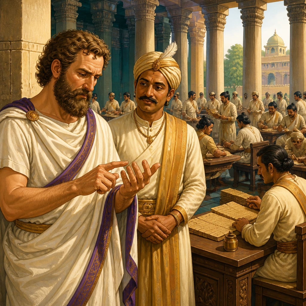 Megasthenes counting officials at the Pataliputra audience hall