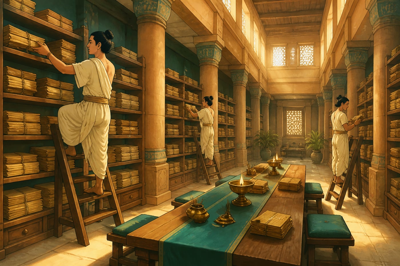 The central Mauryan records archive hall with archivists at work