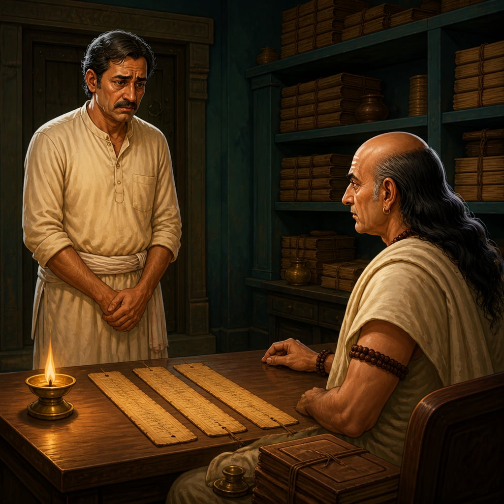 Ratnakara the granary superintendent confronted by Kautilya in the archive