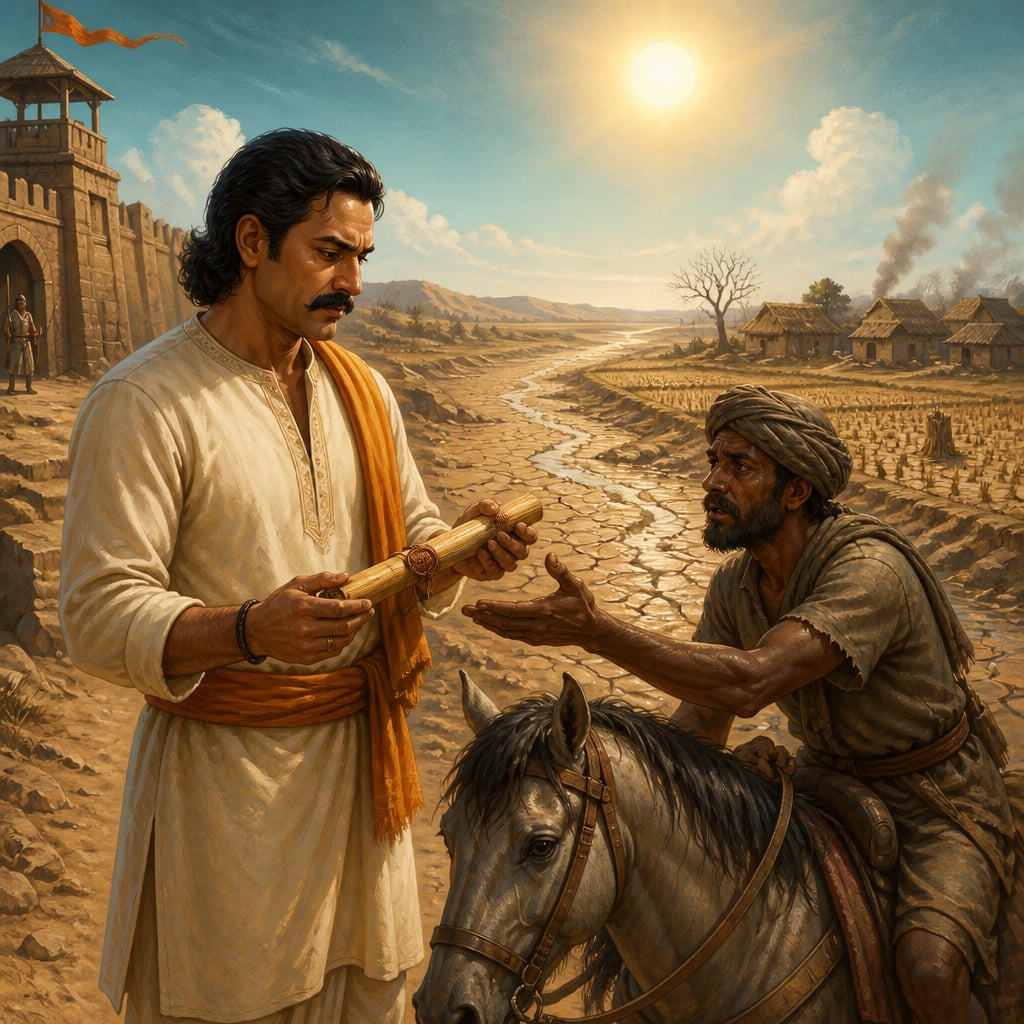 Pushyamitra receiving the long-delayed scroll at the drought-stricken frontier