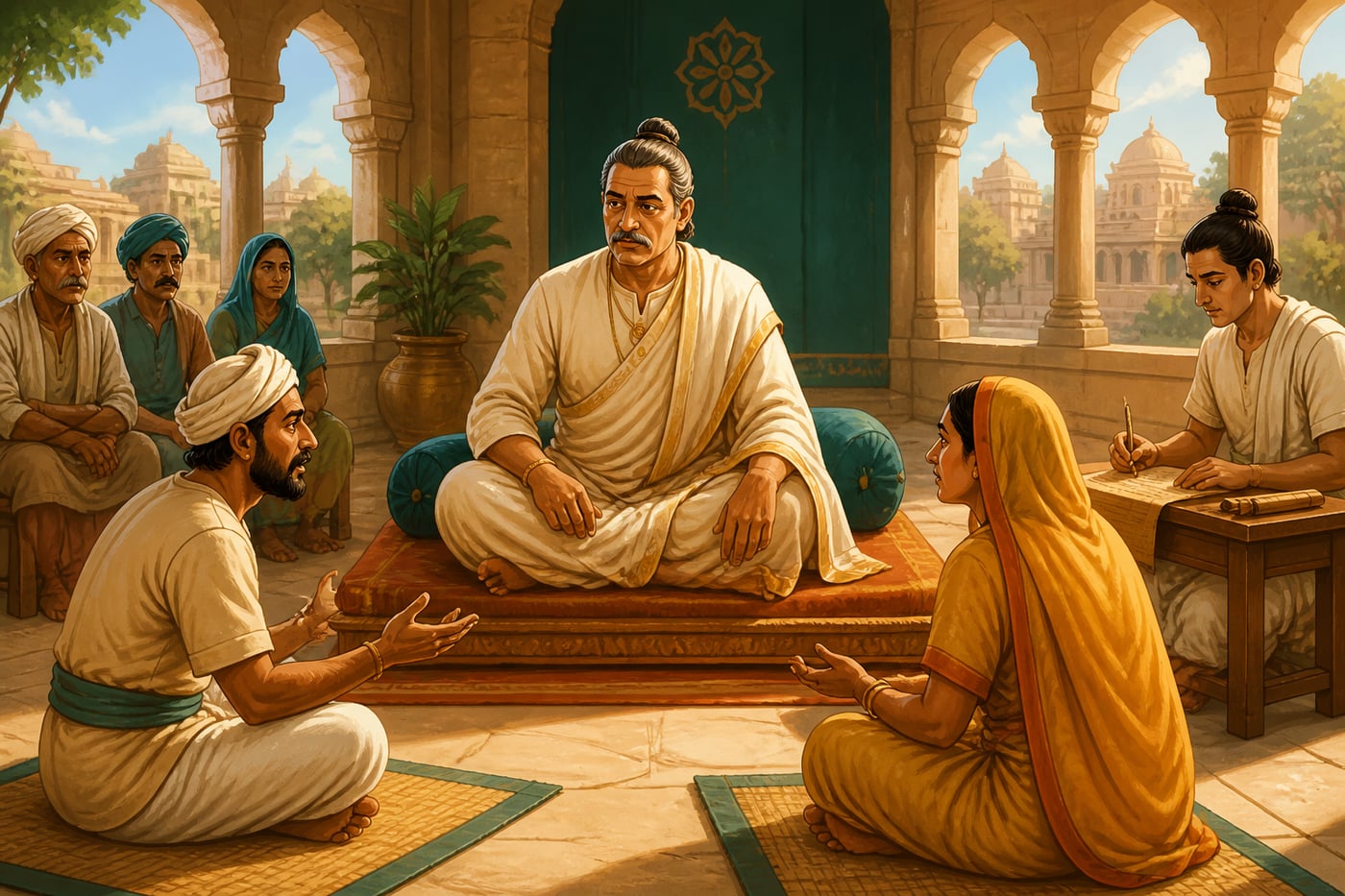 A Mauryan dharma-court judge hearing a dispute between two villagers