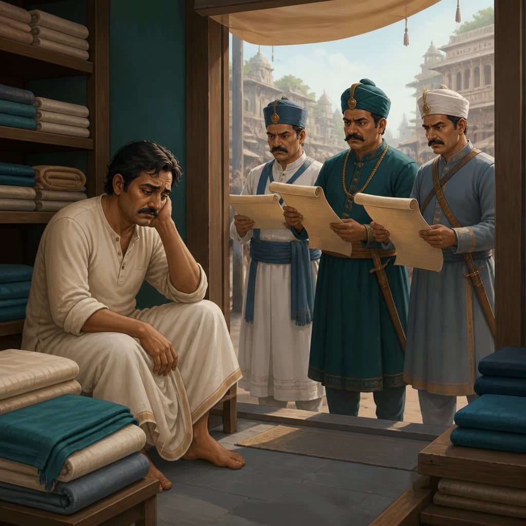 Vasudeva in his empty cloth shop crowded by three government inspectors
