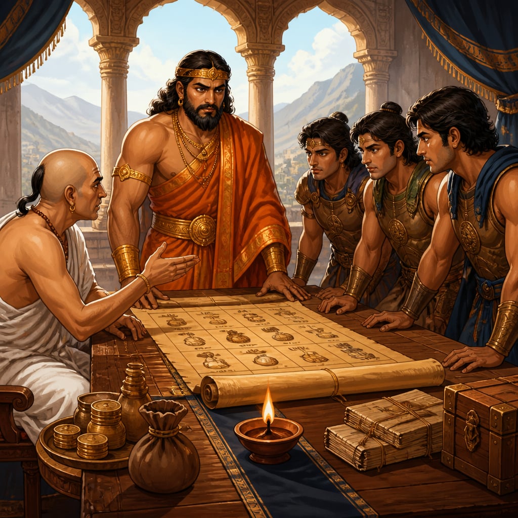 Chandragupta and Kautilya at the Taxila war council