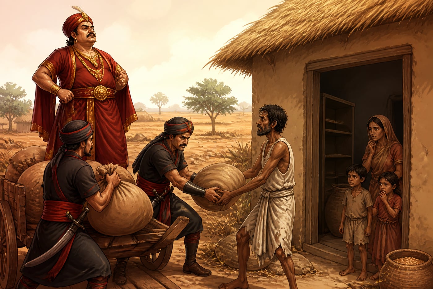 A Nanda-era tax collector seizing grain from a poor farmer