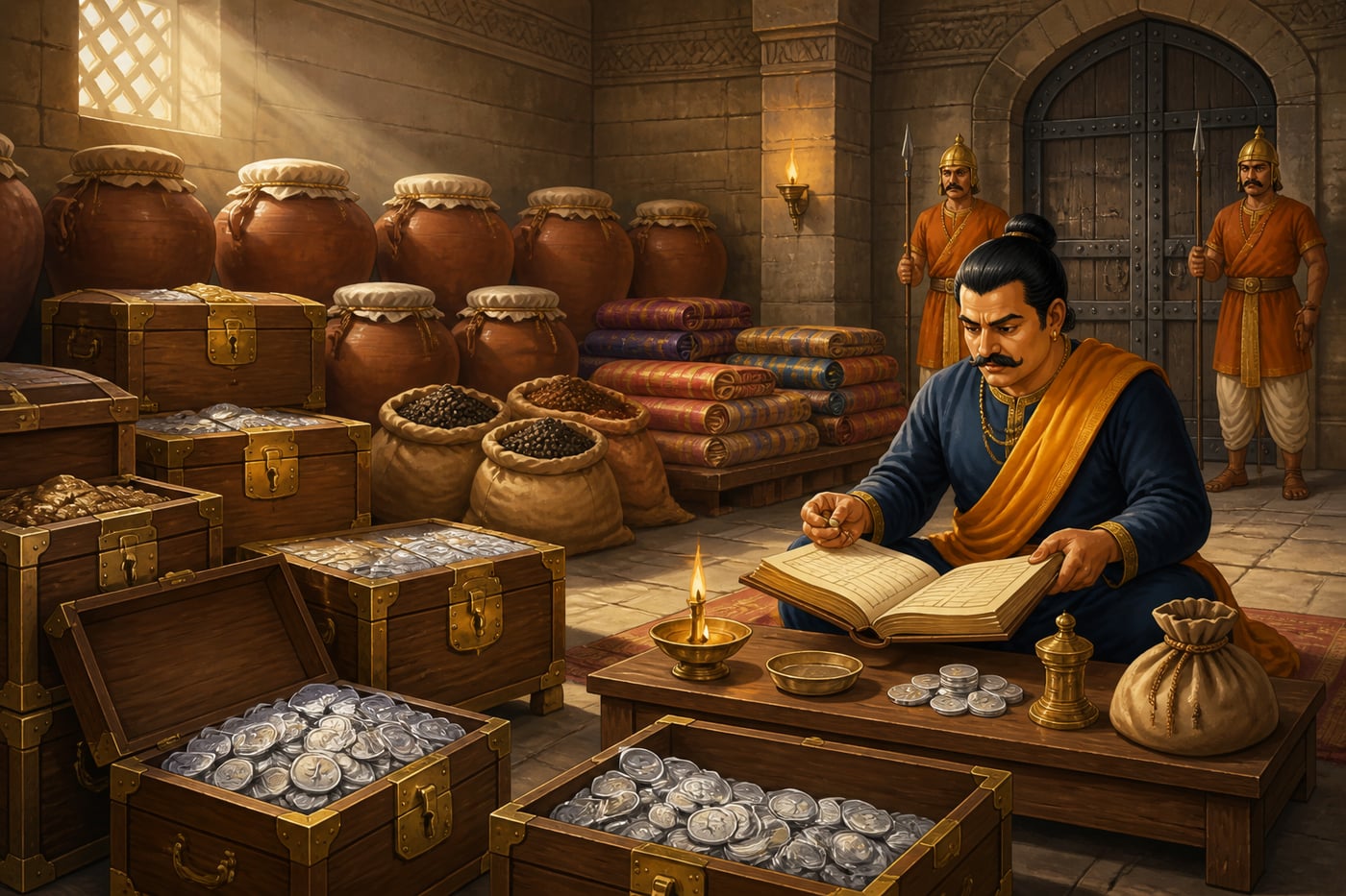 A Mauryan state treasury vault filled with chests of silver coins