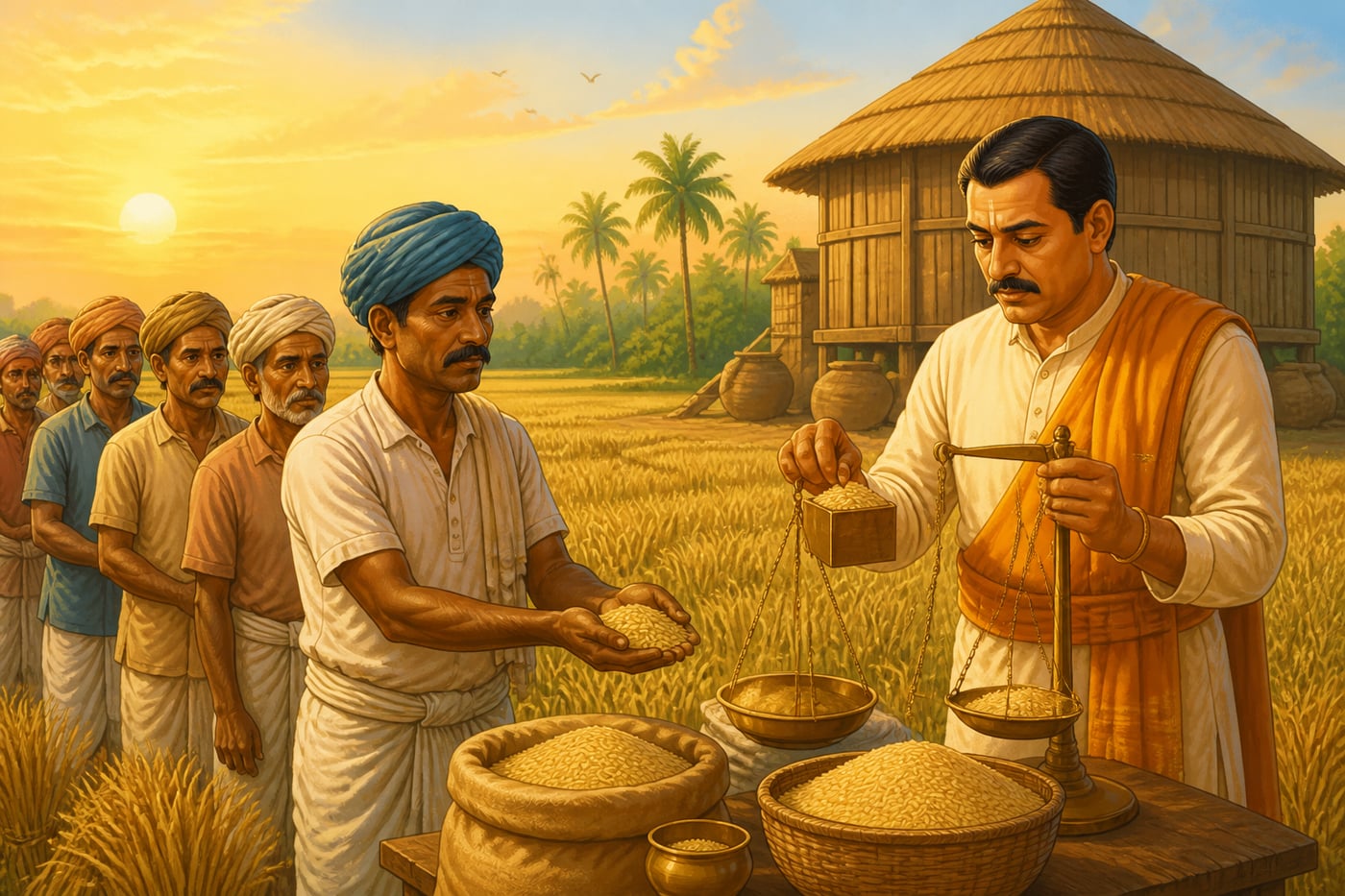 A Mauryan tax assessor weighing grain at a harvested field