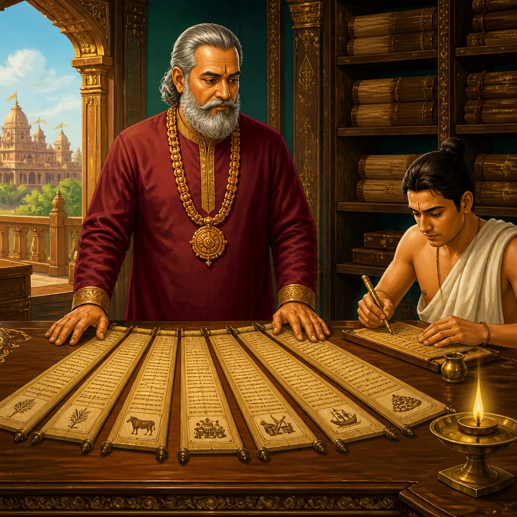 Sannidhata with seven revenue scrolls in the Pataliputra treasury