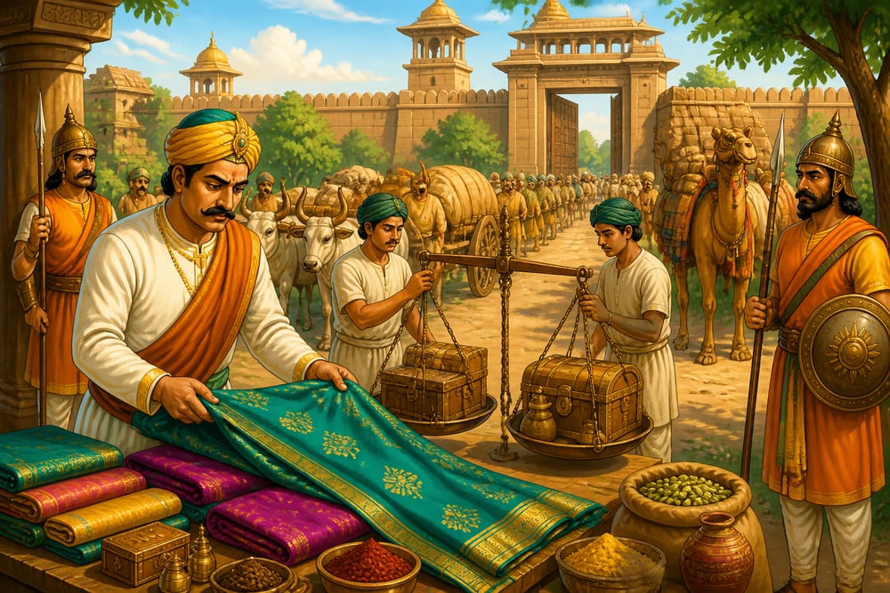 A Mauryan customs post inspecting caravan goods at a town gate