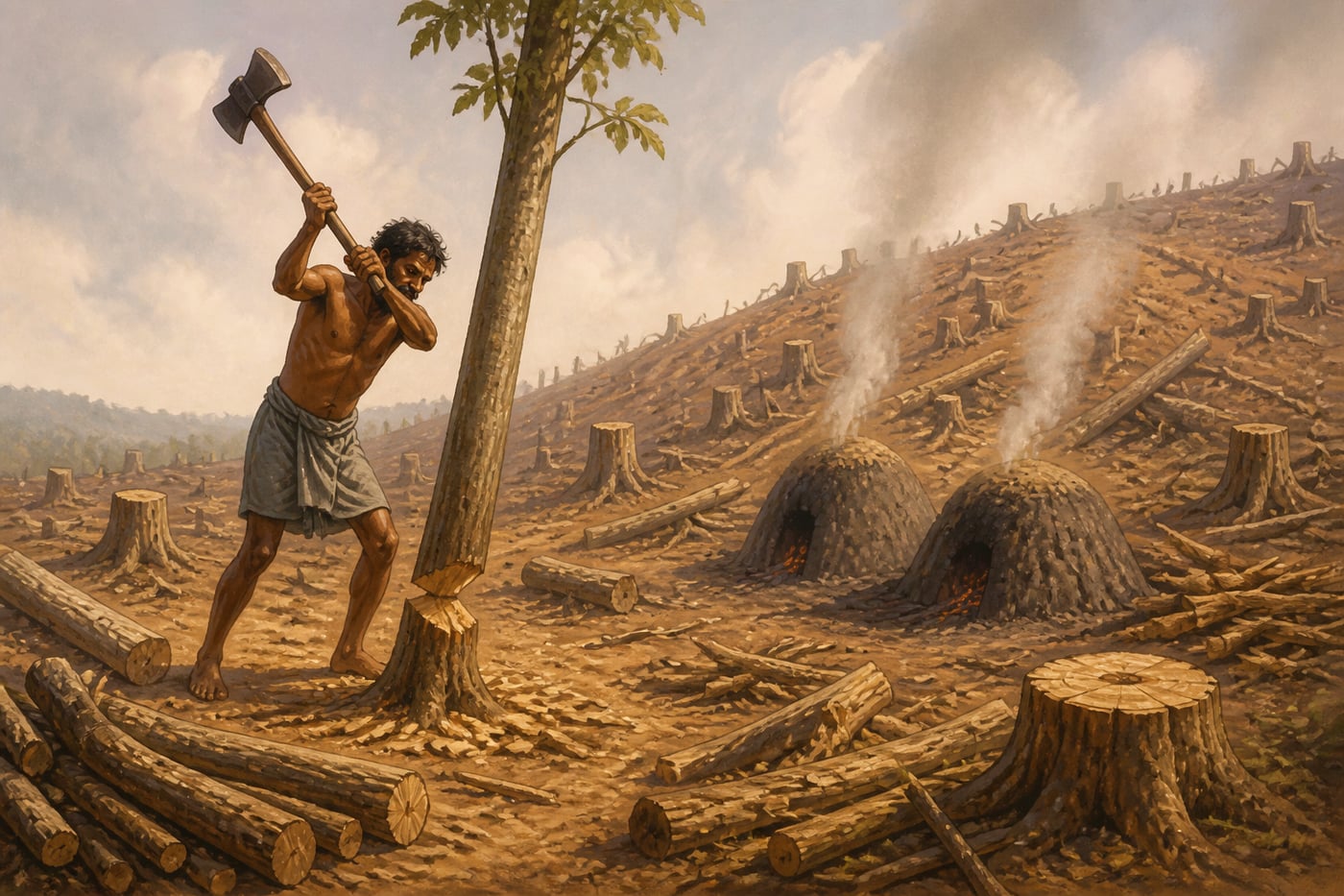 A charcoal-maker felling trees in a barren clearing