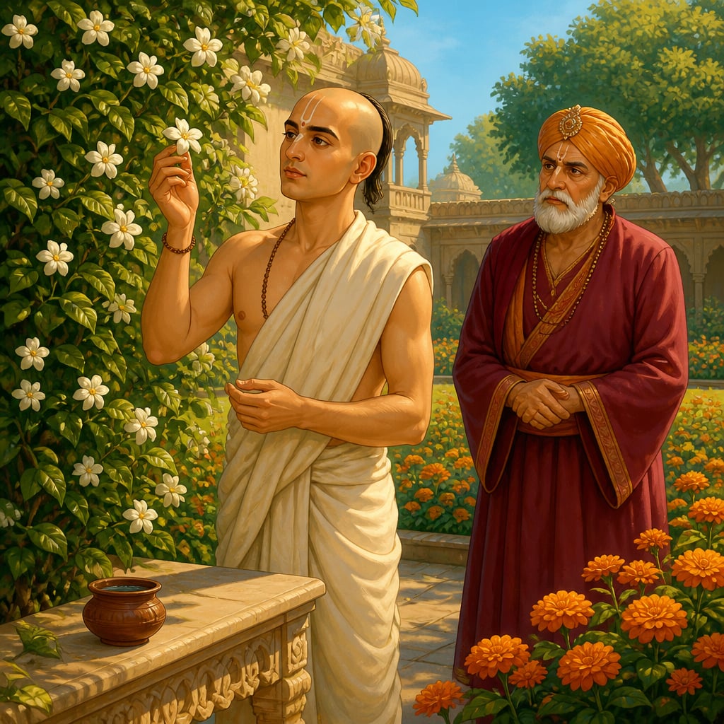Kautilya picking a flower in the palace garden while teaching Rajadhyaksha