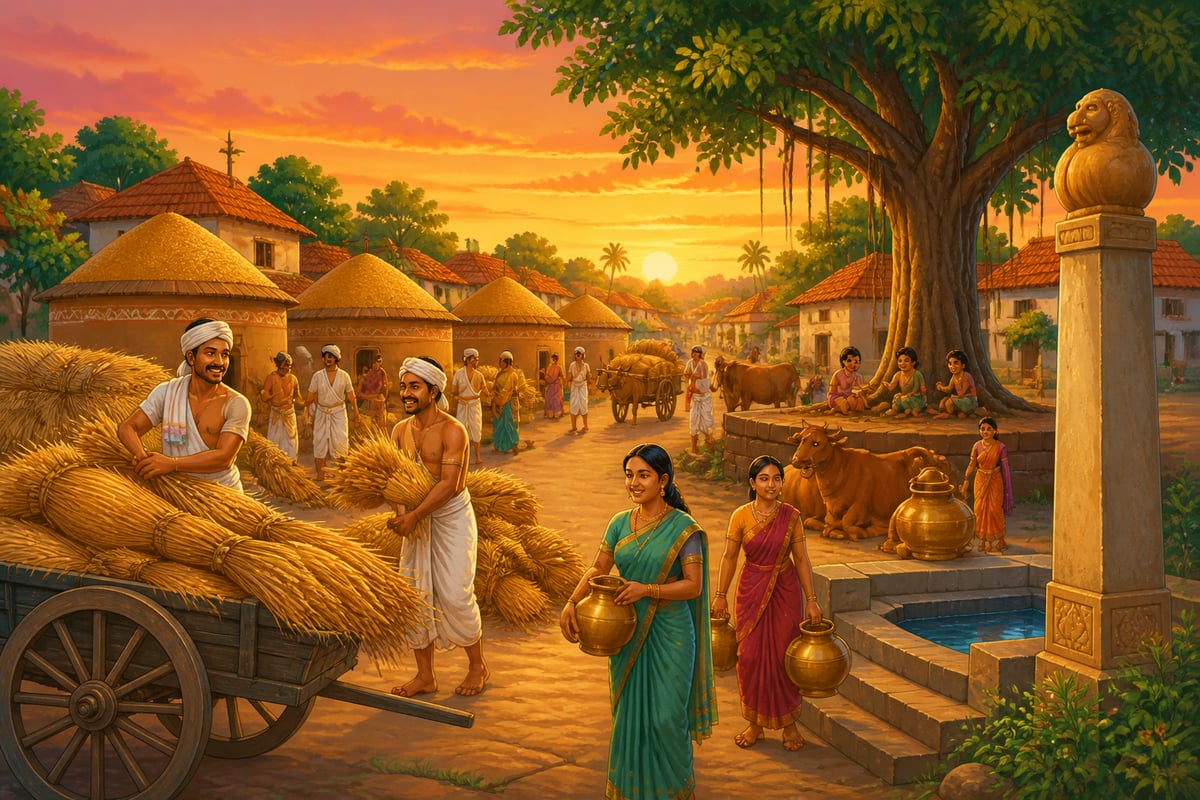 A prosperous Mauryan village at harvest dusk with full granaries