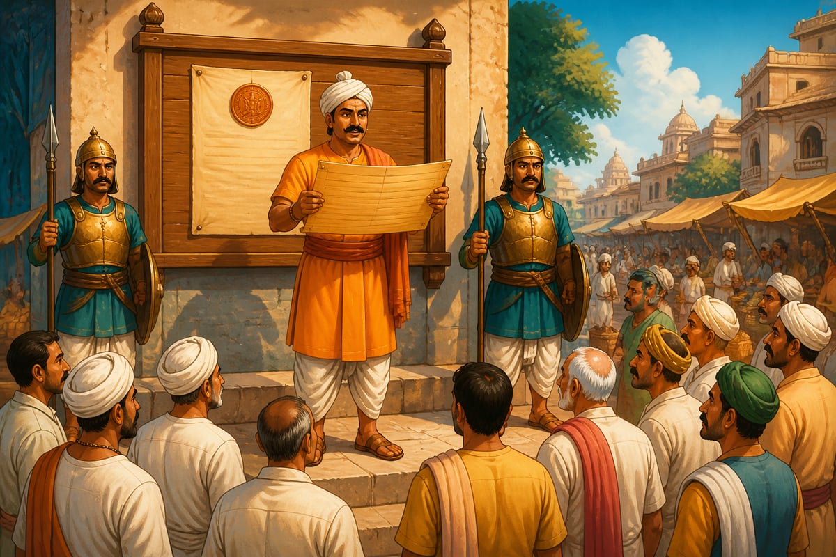 A Mauryan town crier reading the published tax schedule at the marketplace