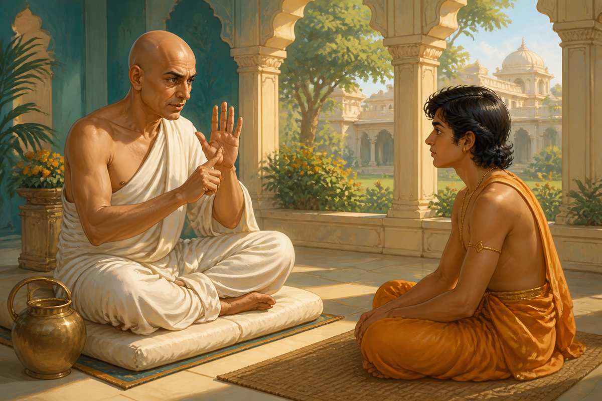 Kautilya teaching the young Chandragupta the shadbhaga one-sixth share