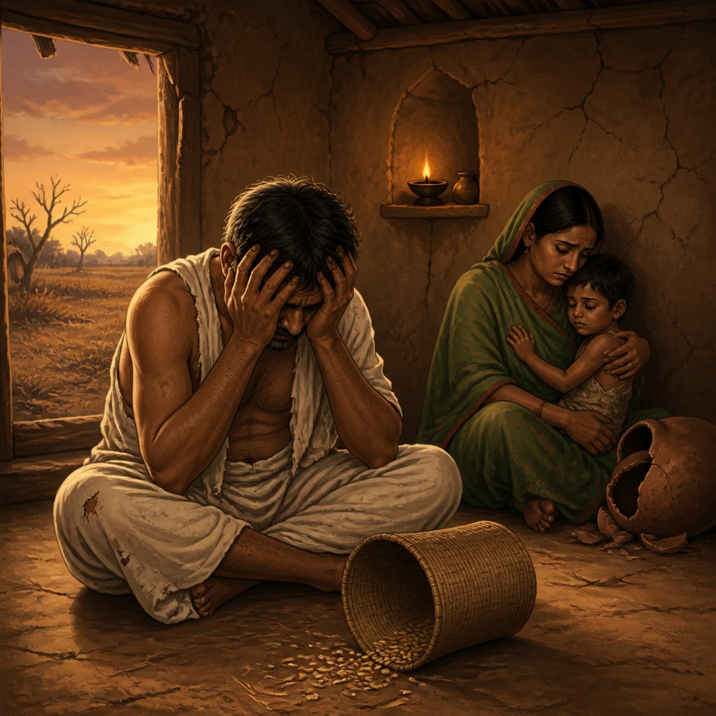 The ruined farmer Vishwamitra at his empty home at twilight