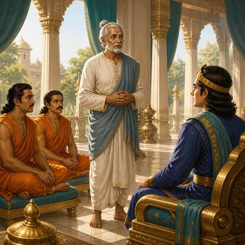The elderly merchant Dhananjaya before Chandragupta's court