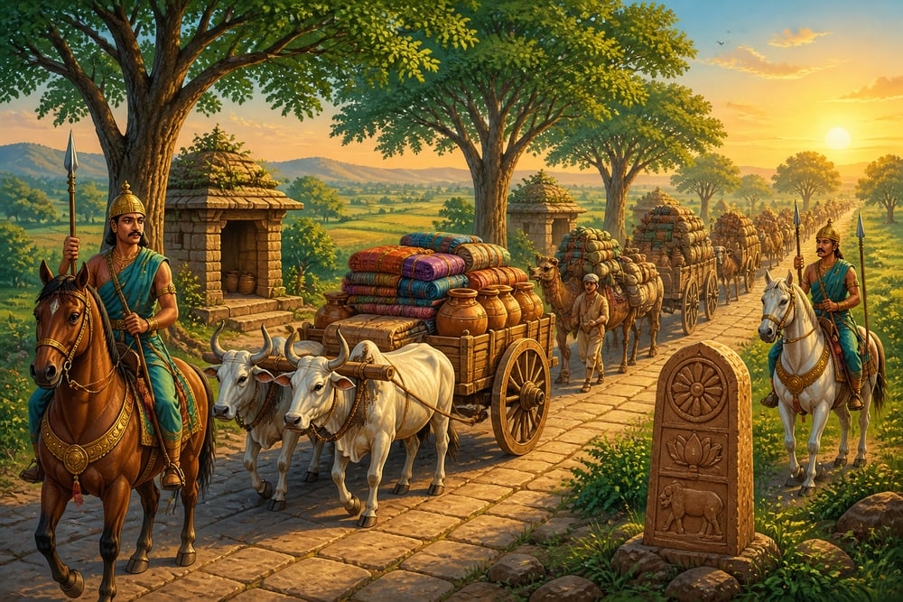 A Mauryan state trade road with a merchant caravan at sunrise