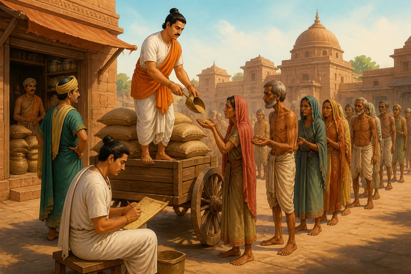 A Mauryan grain inspector distributing relief grain during famine