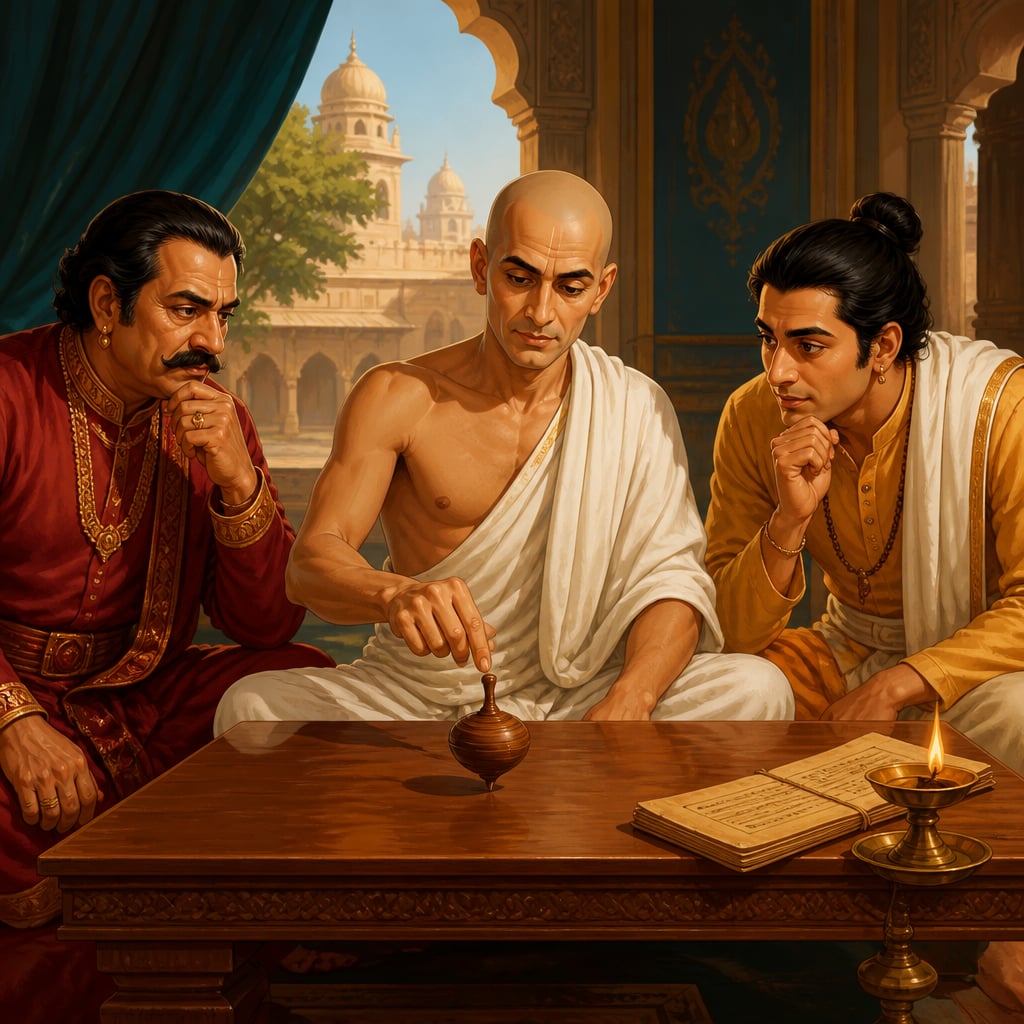 Kautilya spinning a top before Brihadratha and Pushyamitra in council