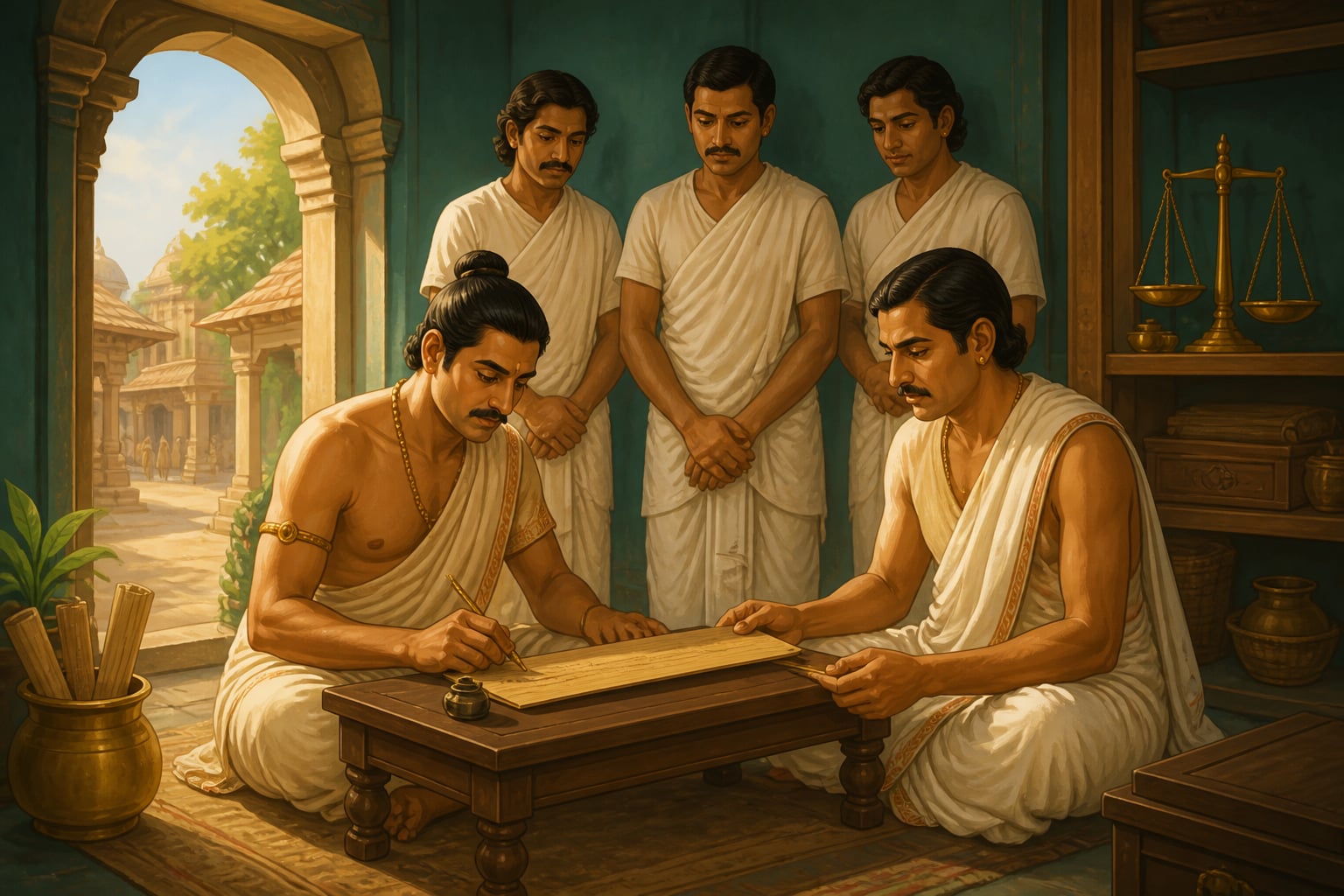A contract being written on palm-leaf with witnesses