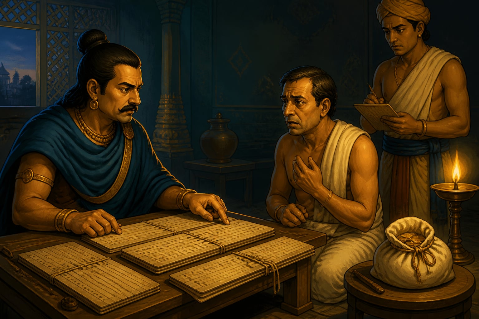 A Mauryan inspector cross-examining a corrupt treasury clerk