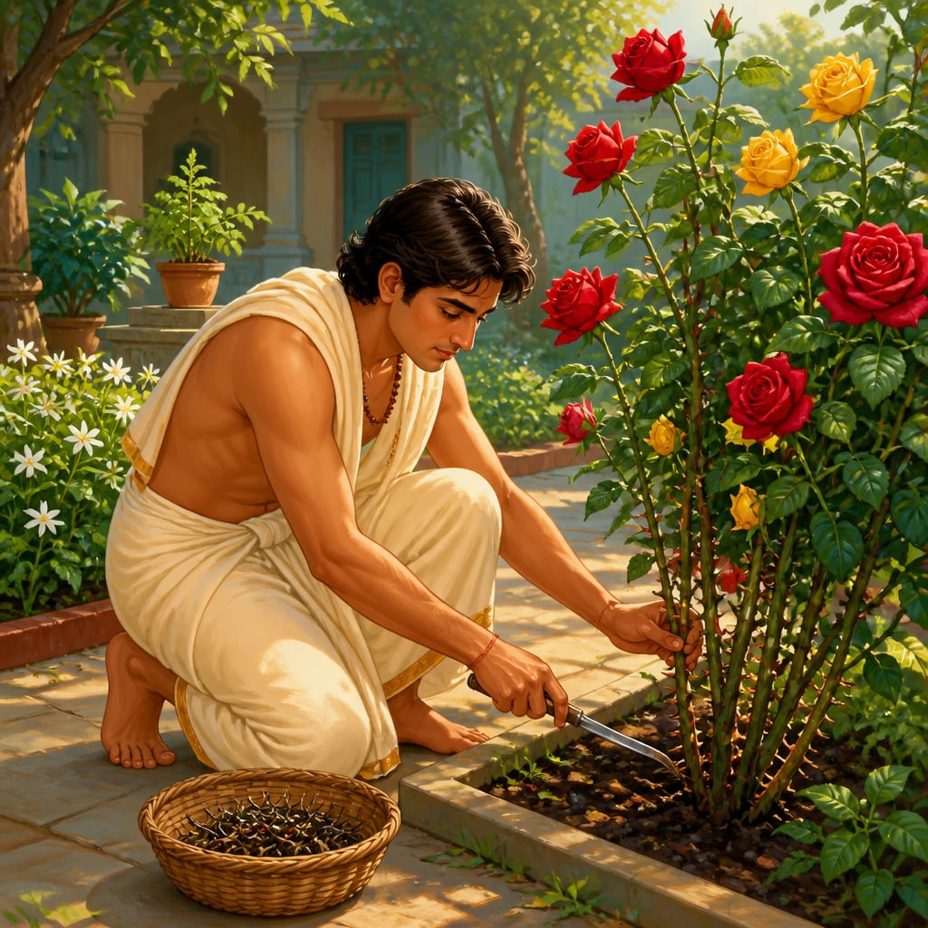 A gardener carefully removing thorns from a flowering garden