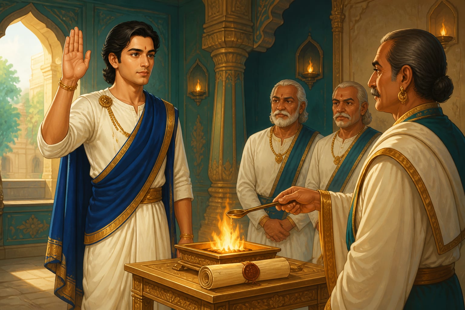 A new Dharmastha taking the judicial oath before fire altar and witnesses
