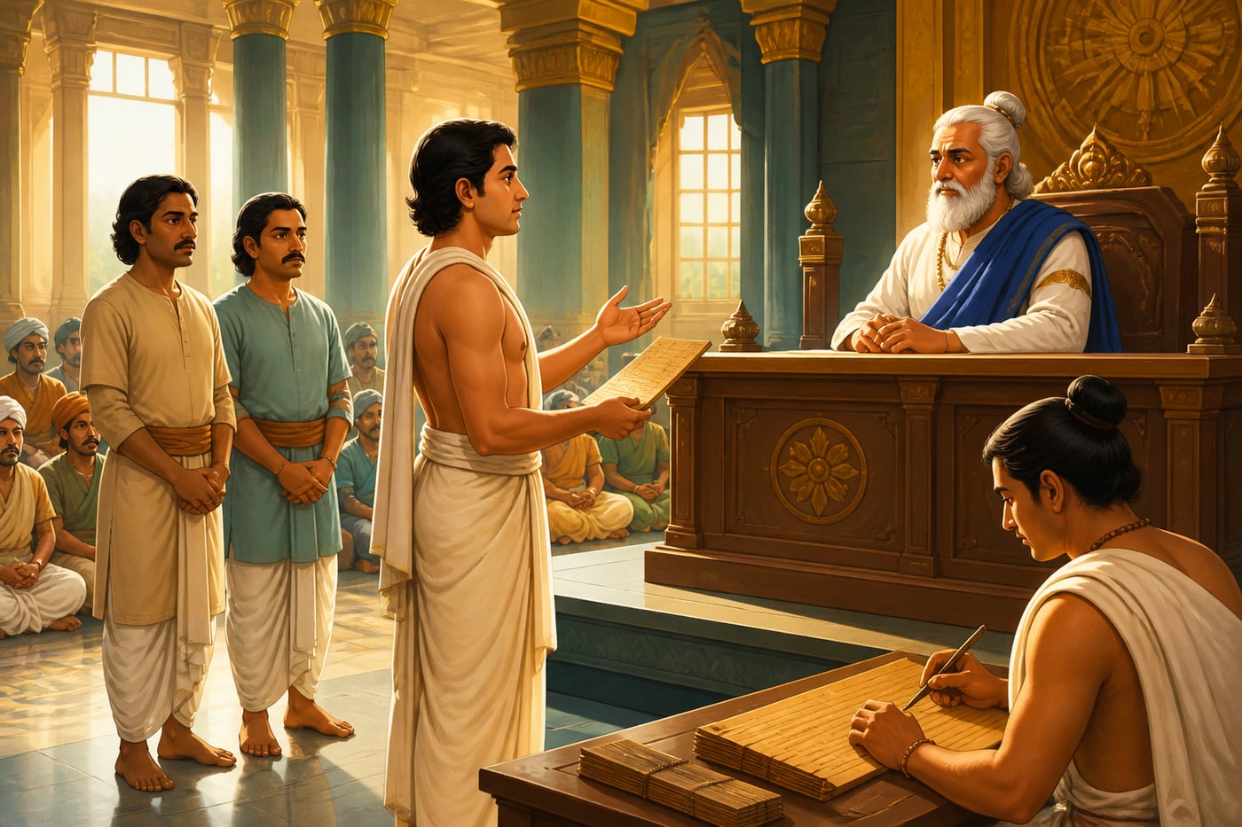 An accused man presenting his defence before the Mauryan court