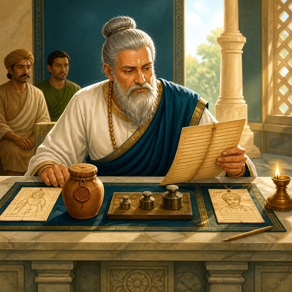 A Mauryan judge methodically examining four forms of evidence